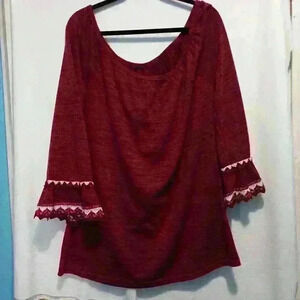 no tags, red and white long sleeve, trumpet embroidered sleeve super soft flowy